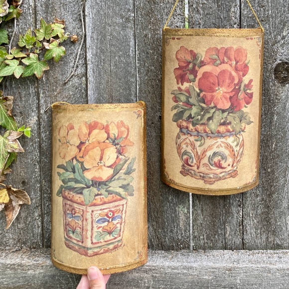 Wall Decor Vintage Rustic Floral Wall Decor Gilt Wood Pansies In Pots